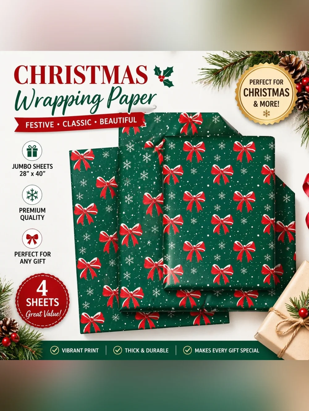 Christmas‎ Wrapping Paper 4 Jumbo Sheets 28x40 Green Red Bow Snowflake Holiday
